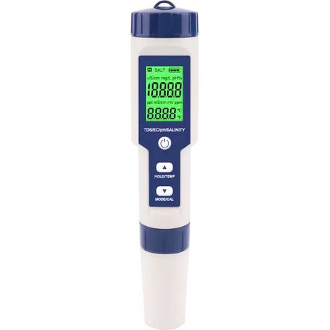 5-in-1 Digitaler Salzgehaltmesser für Schwimmbäder und Meerwasser, IP67 wasserdicht – Misst Salzgehalt, pH-Wert, Chlor, Temperatur, TDS, LCD-Display, einfache Kalibrierung, tragbar (1/5)
