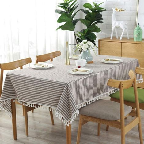 Nappe rayée coton lin 120x160cm Rectangulaire Marron/Blanc