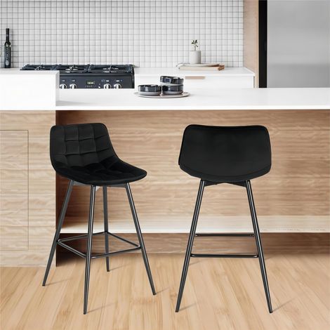 Woltu – Lot de 2 tabourets de bar en velours noir – Hauteur d'assise 64 cm – Pieds en métal – Repose-pieds intégré – Capacité 120 kg (1/5)