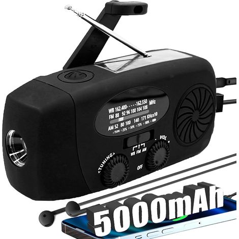 Trasmettitore meteo di emergenza da 5000 mAh (nero) - Ricarica solare + manovella + radio AM/FM - Radio di emergenza / Caricabatterie portatile / Allarme SOS - 5000 m (1/2)