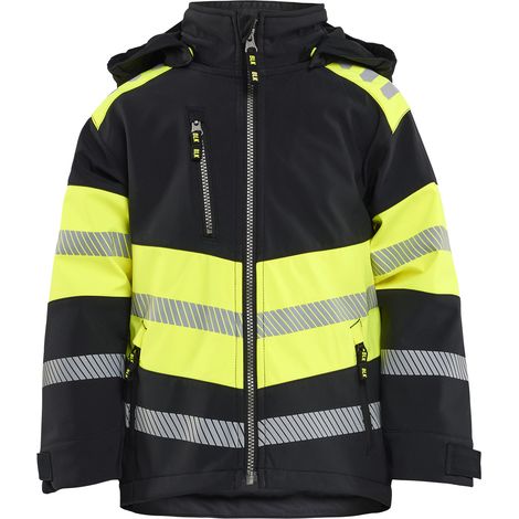Veste de travail Softshell à capuche enfant - Noir/Jaune fluo 146/152