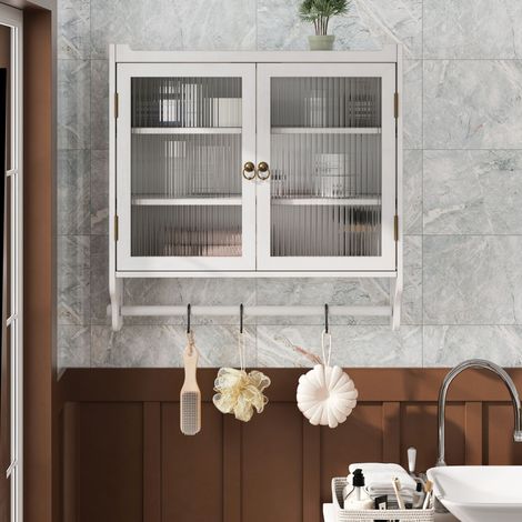 Armadio a muro vintage con doppie porte in vetro, 60 cm, con 3 livelli di stoccaggio e porta asciugamani, per bagno, cucina o sala da pranzo - Bianco