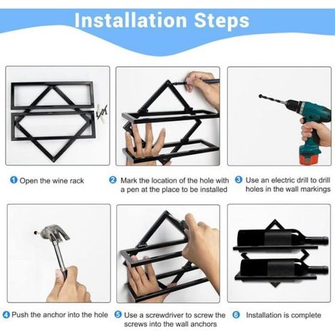 Supports muraux pour bouteilles de vin - - Métal robuste - Pliable - 2 pièces - 8 vis incluses - Design géométrique (1/4)