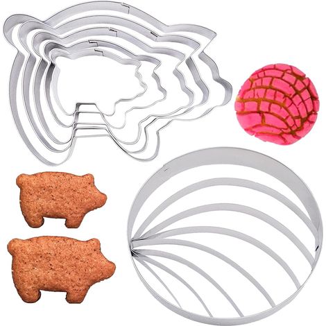 Lot de 6 Emporte-Pièces en Acier Inoxydable - 1 Moule à Pain Conque Mexicaine + 5 Sizes Pig Cookie Cutter Set & Round Cookie Mould,n Bread Mold,for Baking Biscuits Bread Mold
