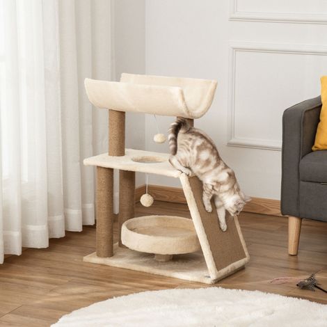 Arbre à chat 60 x 30 x 76 cm avec griffoir, jouets suspendus et panier inclus – couleur naturelle – pour griffer, grimper et se reposer (1/4)