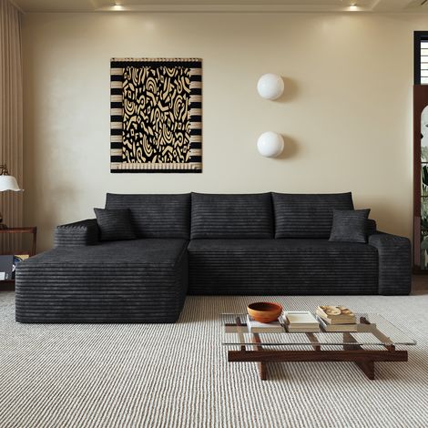 Canapé d’angle modulable 270 cm avec méridienne réversible, assise profonde, mousse haute densité, velours côtelé noir, sans montage (1/5)