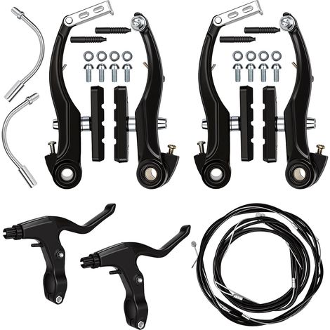 Komplettes Fahrradbremsenset – Schwarz – 2 Bremshebel + 2 V-Bremsen + Aluminium-Bremszüge – Universelles Bremsenset für Mountainbikes und Rennräder mit innenverlegten Zügen (1/5)