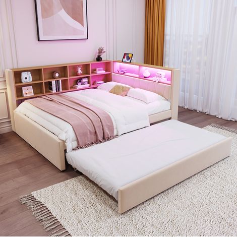 DESVIAE Canape lit gigogne 140 cm 200 cm avec lit d appoint 90 cm 190 cm LED prises USB et type C rangements multiples en flanelle beige (1/5)