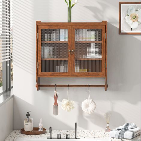 MEUBLIV Armoire murale double porte 63 x 18 x 60 cm marron avec verre et porte-serviettes (1/5)