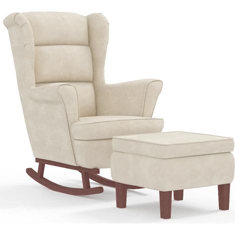 Fauteuil à bascule d'allaitement rembourré avec repose-pieds pieds en bois et siège velours crème DEC028754 (1/5)
