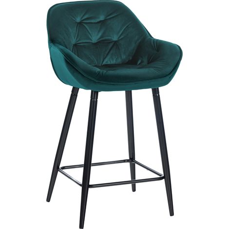 Taburete de bar trona x1 asiento efecto acolchado en terciopelo verde oscuro y metal negro 100004886