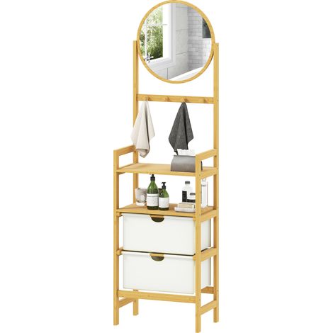 Étagère bambou salle de bain avec miroir 4 crochets 2 étagères 2 tiroirs en tissu 48,5x30x170 cm Naturel