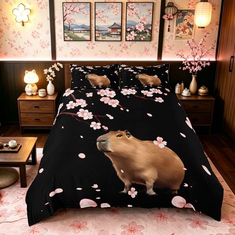 Parure de lit avec housse de couette de 135 x 200 cm, motif japonais, fleurs de cerisier et fleurs, pour garçons, filles, adolescents, décoration de chambre (1/5)