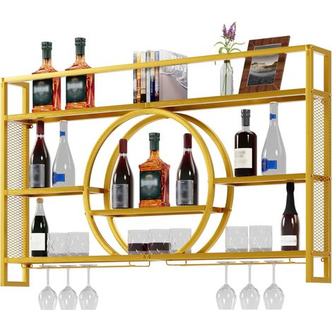 UEV Porte-Verre à Vin en Métal 140cm, Porte Bouteille Mural Industriel, Casier à Vin, avec Lumière LED de 15 Couleurs, Range Bouteille Vin, pour Salle à Manger, Cuisine, Bar (Gold, 140x15x80cm)
