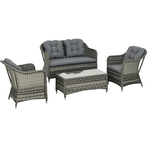 Four-Piece Rattan Sofa Set, with Glass-Top Table - Mixed Grey (1/5)