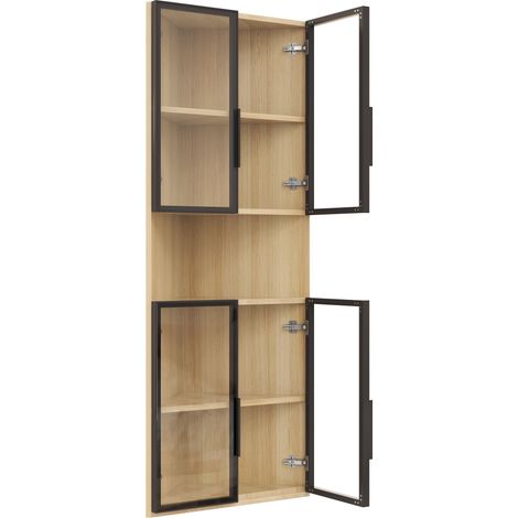 CAIziVitrine LED en verre 62x32x160cm – extérieur aspect chêne, bande lumineuse intégrée, armoire anti-poussière en verre trempé, vitrine d’angle avec porte – vitrine de collection, bibliothèque, meub