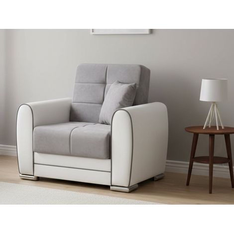 Dmora - Poltrona Attiluccio, Poltrona contenitore da salotto, trasformabile in letto , Poltroncina relax in tessuto imbottito, 97x84h91 cm, Bianco e Grigio Chiaro (1/5)
