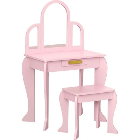 Coiffeuse pour enfants avec miroir et tabouret, meuble de maquillage pour filles de 3 à 6 ans avec tiroir, rose (1/5)
