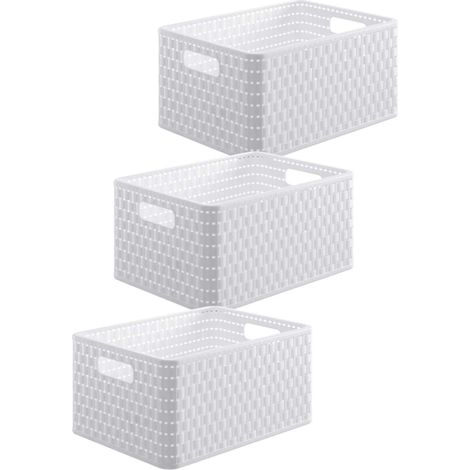 Aufbewahrungsboxen – 3er-Set – Rattanoptik – PP-Kunststoff – Stapelbar – Für Zuhause und Büro – Weiß – 6 l (1/5)