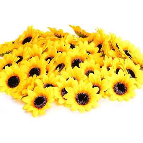 Tete De Tournesol Artificielle - 7 Cm - Jaune - Soie Et Plastique - Decoration Interieure Mariage Jardin Scrapbooking - Lot De 50 (1/5)
