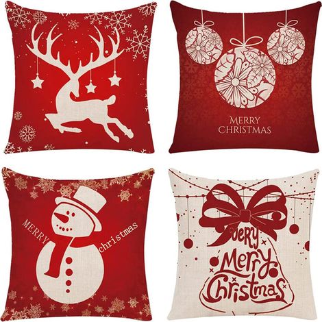 Juego de 4 fundas de cojín navideñas de 45x45 cm, funda de cojín de lino, cojín navideño decorativo, juego de cojines navideños, cojín navideño, funda de cojín navideña, funda de cojín navideña decora (1/5)