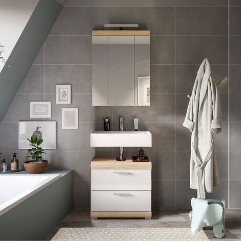 Ensemble 2 meubles de salle de bain chêne et blanc + lampe - LAMBY
