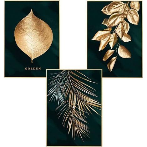 Set di 3 poster da parete di design con motivi di foresta, foglia d'oro e palma, senza cornice, decorazione per il soggiorno. (1/4)