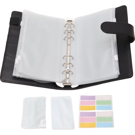 Carnet Budget A6 avec poche zippée et enveloppes en cuir PU noir - Classeur organisateur d'argent, bloc-notes à anneaux (1/5)