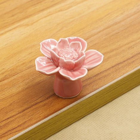 Poignée de meuble en céramique fleur de lotus rose pour porte, tiroir, placard et armoire - Bouton de tirage décoratif, quincaillerie de mobilier, pack unique.