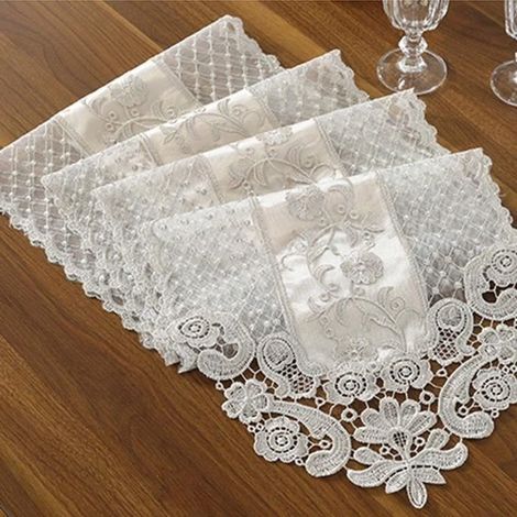 Tischläufer aus Spitze, exquisiter Spitzenstoff mit handgefertigter, vintage-bestickter Tischdecke, 30 x 70 cm, Champagnergrau (1/4)