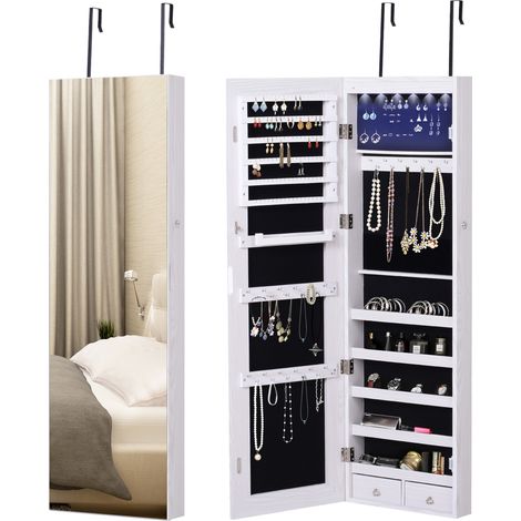 Meuble à bijoux mural ou de porte avec miroir, éclairage LED, 5 étagères, 2 tiroirs, 37 x 10 x 120 cm, aspect bois gris