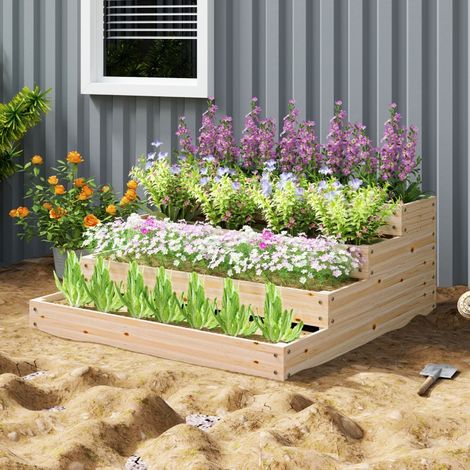 Bac surélevé de jardin sans fond, 4 niveaux, pour aromates, légumes, fruits et fleurs, 113x113x46cm, bois naturel (1/5)