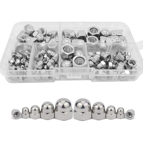 Lot de 100 écrous hexagonaux à tête bombée en acier inoxydable, M8 M6 M5 M4 M3, écrous hexagonaux, écrous à gland hexagonaux, kit d'assortiment, écrous à fixation ronde bombée (argent) (1/5)