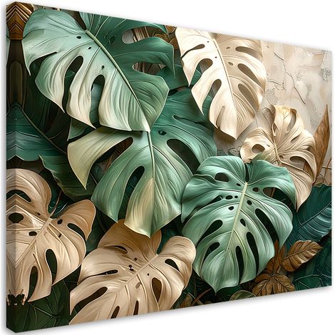Stampe su Tela, Foglie di Monstera verdi e beige (3D) - 60x40 (1/2)