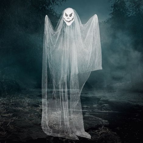 Décoration d'Halloween 3,3 x 2 m : Crâne de squelette à suspendre, ornement de porte effrayant, fantôme blanc (1/5)