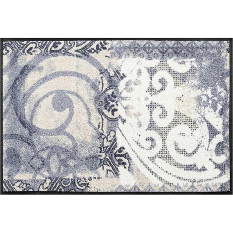 Paillasson ARABESQUE 50x75 bleu et gris tissé motif rétro-vintage (1/3)