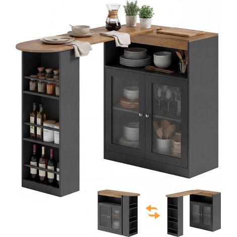 HOMCOM mesa de bar extensible y giratoria 90°, mesa alta de cocina con estantes abiertos y 2 puertas de vidrio para comedor, 150x80x105,5 cm, negro
