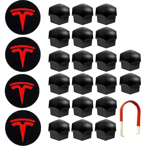 De Couverture De Roue Capuchon de Moyeu Central Car Wheel Nut Cover avec Outil Demontage pour Tesla Model 3, S X (Rouge) (1/5)