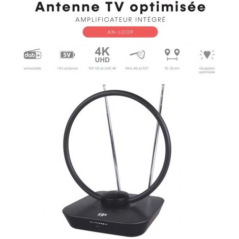 Antenne intérieure TV Numérique TNT VHF/UHF Radio Full HD CGV AN-LOOP - Filtre 5G, Amplifiée, Polarisation Horizontale et verticale (1/4)
