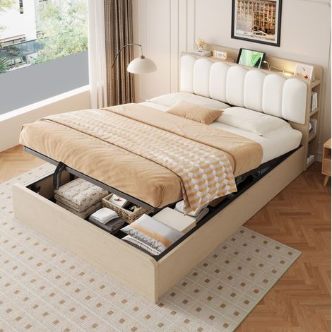 Cama con almacenaje 140 x 200 cm con cabecero tapizado, USB, madera natural OKMYHOME (1/5)