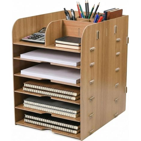5-Compartment Wooden Desk Organizer with Pen Holder, A4 Document Holder, Mail Holder, Magazine Holder, Paper Holder, A4 File Folder, for Office, Home, Study, School (1/5)