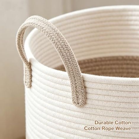 Panier à linge tressé - Petit panier à linge rond - Panier de rangement rond avec poignées en coton - Pour linge, jouets et couvertures, pour chambre d'enfant, salon ou salle de bain (1/4)
