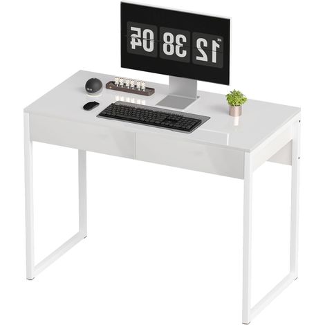 Bureau moderne avec 2 tiroirs et pieds en acier, 100x50x75 cm, Blanc brillant (1/5)