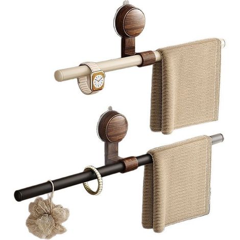 Barre porte-serviettes à ventouse sans perçage, en bois de noyer et noir mat pour carrelage et verre, support de serviette de salle de bain solide pour locataires, 30 cm (1/5)