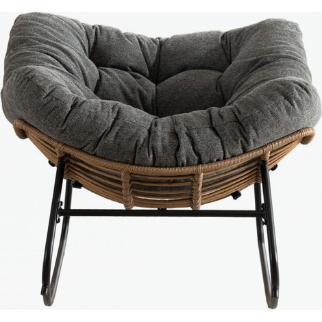 Silla mecedora de cincha gris con estructura trenzada y base de metal (1/5)