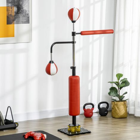 Support de boxe, deux speedballs, barre de frappe rotative, coussins de frappe, hauteur réglable, acier, 107 x 36 x 140-205 cm