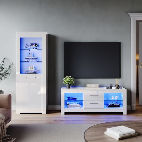 ELEGANT Modern High Gloss Living Room Set with RGB LED Lights Display Cabinet Storage Unit + 1300mm TV Stand Cabinet White Furniture Set 2
