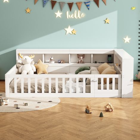 Bett Daybed 140x200 cm modern aus Spanplatte und MDF in Weiß mit Lattenrost, Seitenfach, Steckdose, USB und ausziehbarem Geländer (1/5)