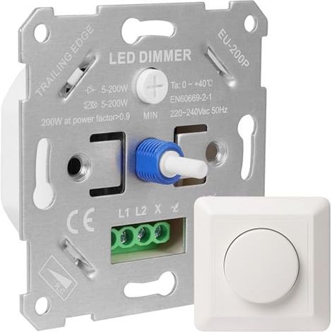[JAMAIS UTILISÉ] Interrupteur variateur LED 230 V, compatible avec les ampoules LED/halogènes 5-200 W, encastrable, avec plaque de recouvrement blanche et sans fixations. (1/5)