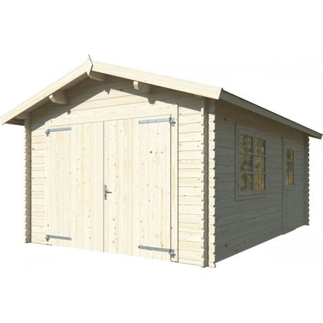 Garage in legno Tony 350x520 cm spessore 34 mm con portone doppio finestra laterale e porta singola – Esterni da Vivere